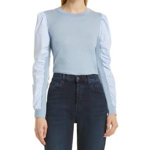 Veronica Beard Adler Mixed Media Merino Wool Long Sleeve Striped Crew Sweater L